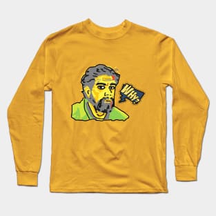 Drawing of a man with a beard saying why in yellow, green, black and gray, pop art style Long Sleeve T-Shirt